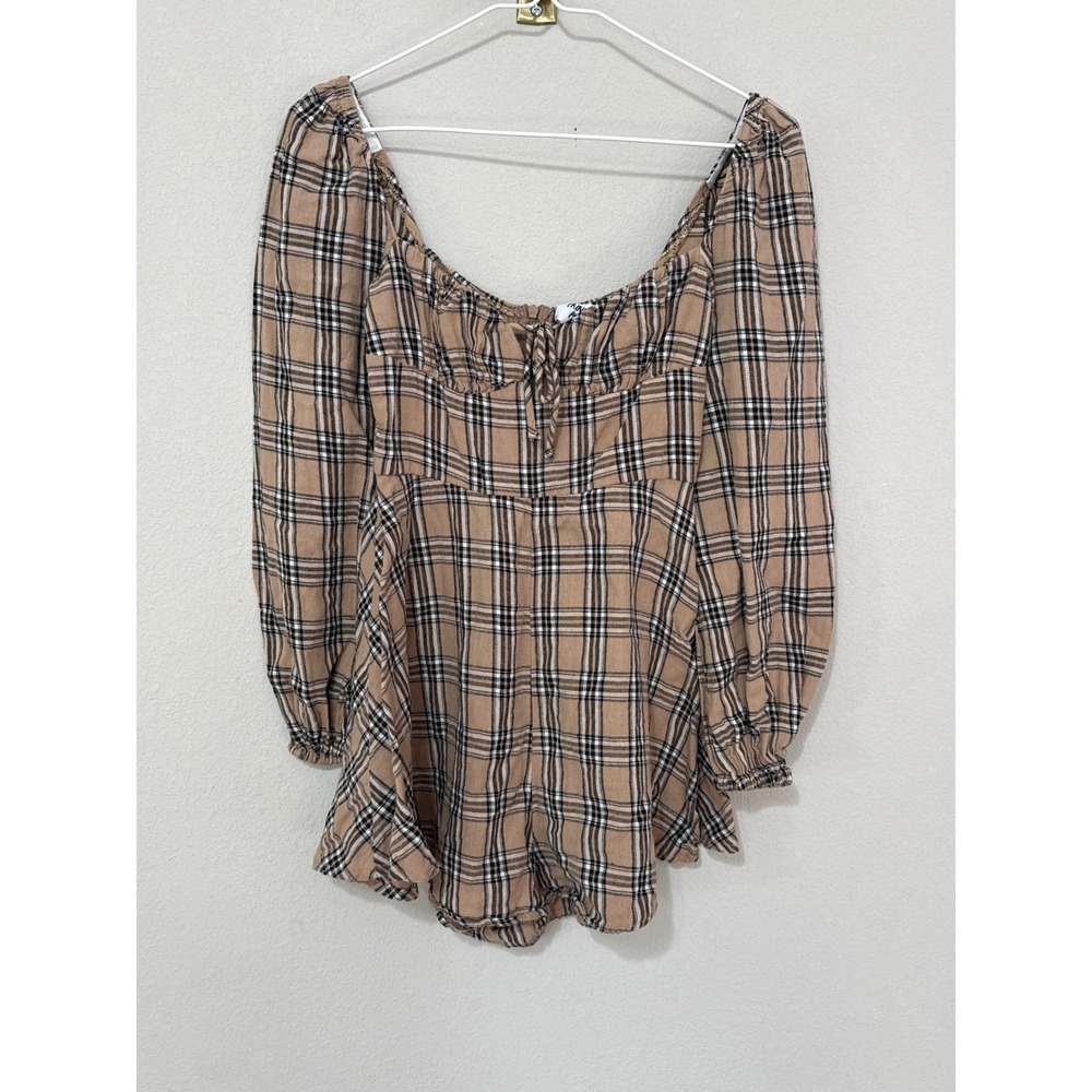 Princess Polly Romper Women 2 Tan Plaid Long Sleeve Tie Front Square Neck Short